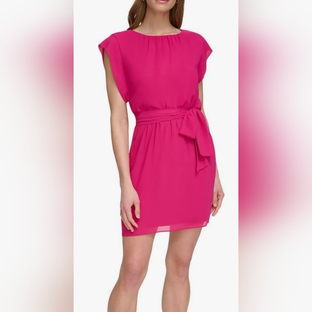 JESSICA HOWARD Petite Flutter-Sleeve Belted Dress Pink